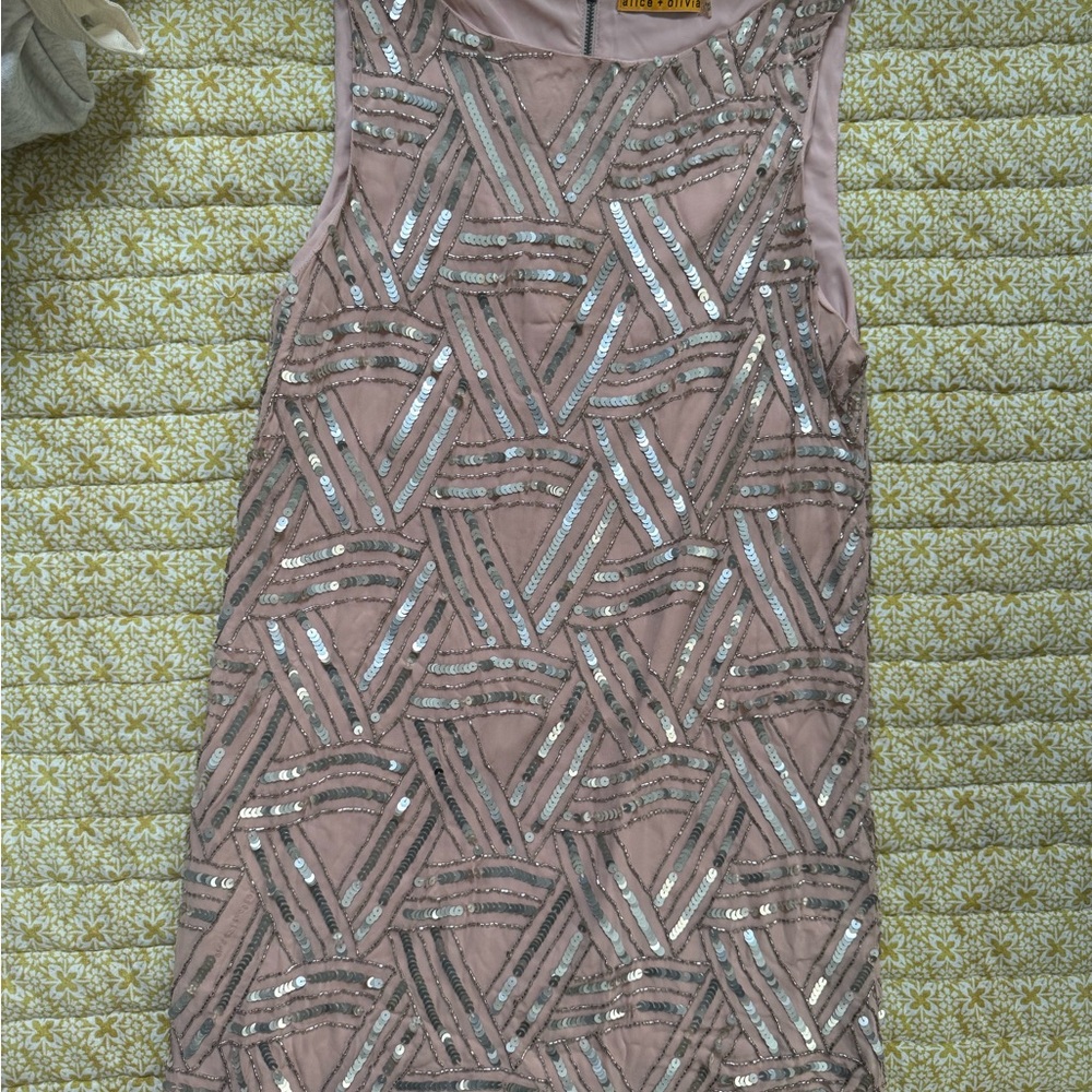 Alice + Olivia Gold and Pink Sequin Sheath Mini Dress